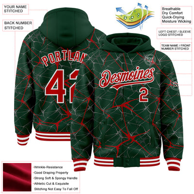 Custom Green Red-White Abstract Network 3D Pattern Design Bomber Full-Snap Varsity Letterman Hoodie Jacket