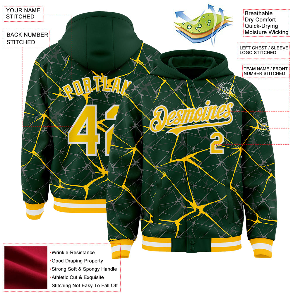 Custom Green Yellow-White Abstract Network 3D Pattern Design Bomber Full-Snap Varsity Letterman Hoodie Jacket