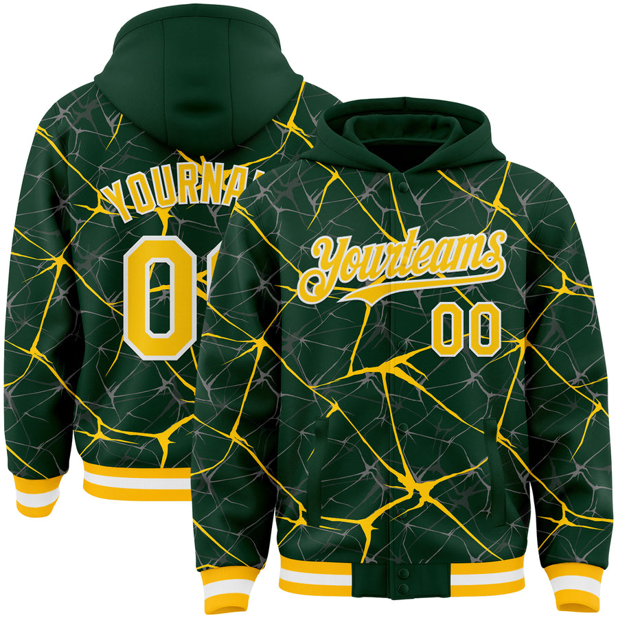 Custom Green Yellow-White Abstract Network 3D Pattern Design Bomber Full-Snap Varsity Letterman Hoodie Jacket