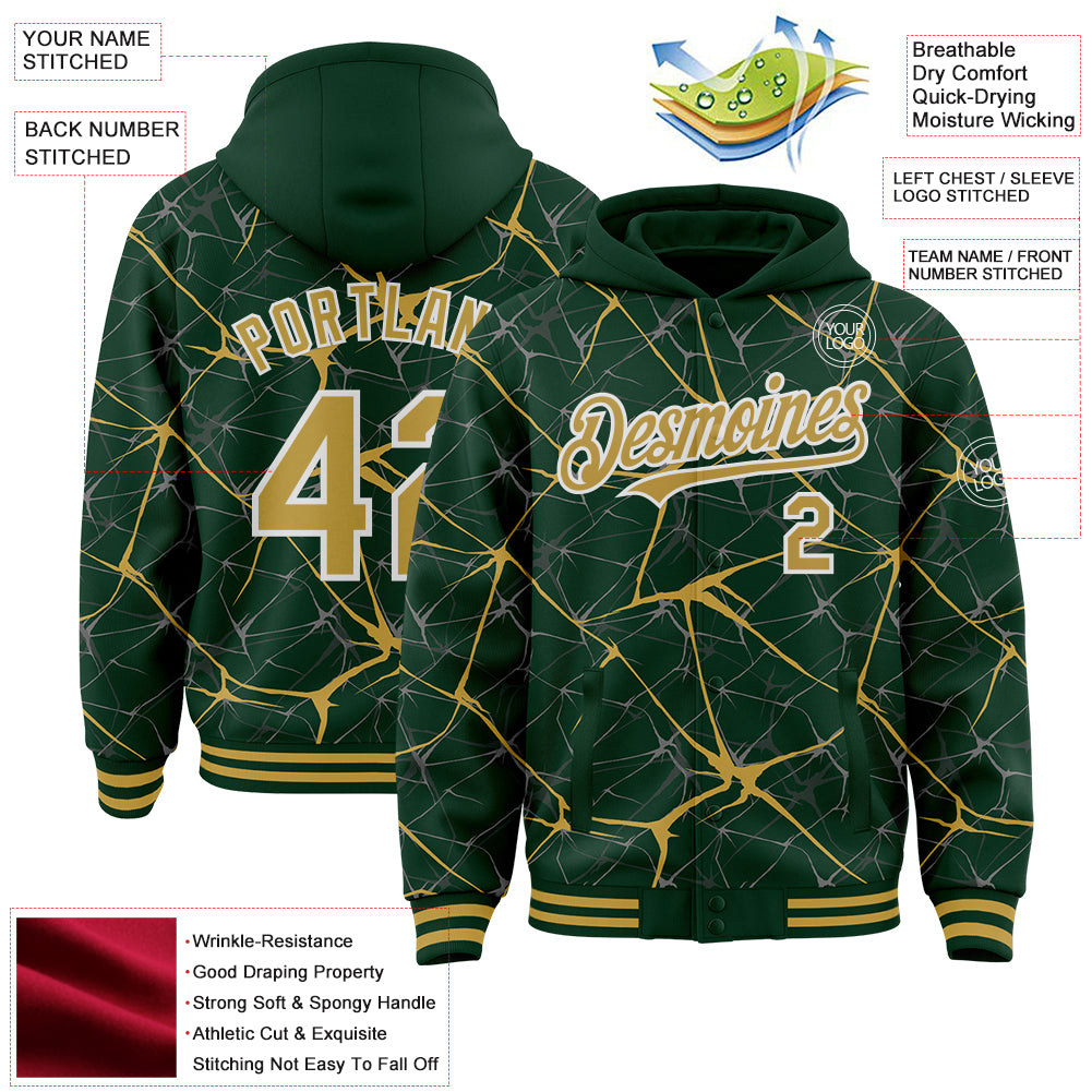 Custom Green Old Gold-White Abstract Network 3D Pattern Design Bomber Full-Snap Varsity Letterman Hoodie Jacket
