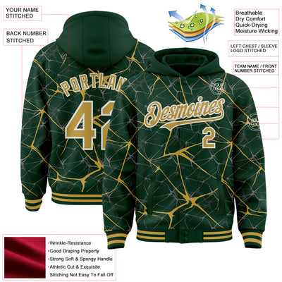 Custom Green Old Gold-White Abstract Network 3D Pattern Design Bomber Full-Snap Varsity Letterman Hoodie Jacket