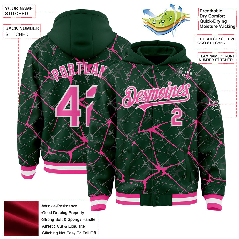 Custom Green Pink-White Abstract Network 3D Pattern Design Bomber Full-Snap Varsity Letterman Hoodie Jacket