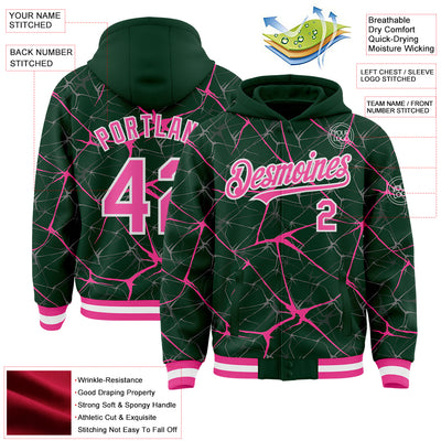 Custom Green Pink-White Abstract Network 3D Pattern Design Bomber Full-Snap Varsity Letterman Hoodie Jacket