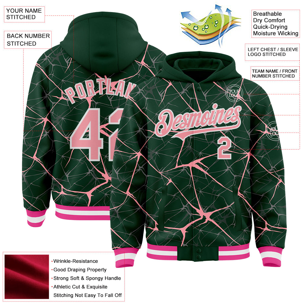Custom Green Medium Pink-White Abstract Network 3D Pattern Design Bomber Full-Snap Varsity Letterman Hoodie Jacket
