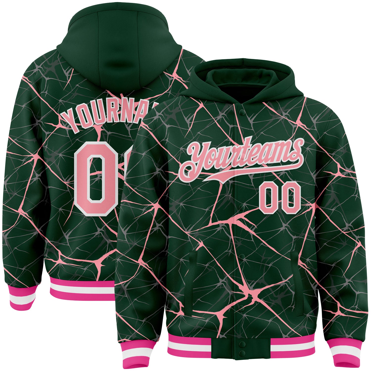 Custom Green Medium Pink-White Abstract Network 3D Pattern Design Bomber Full-Snap Varsity Letterman Hoodie Jacket