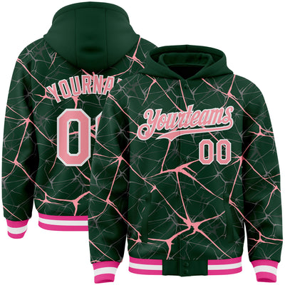 Custom Green Medium Pink-White Abstract Network 3D Pattern Design Bomber Full-Snap Varsity Letterman Hoodie Jacket