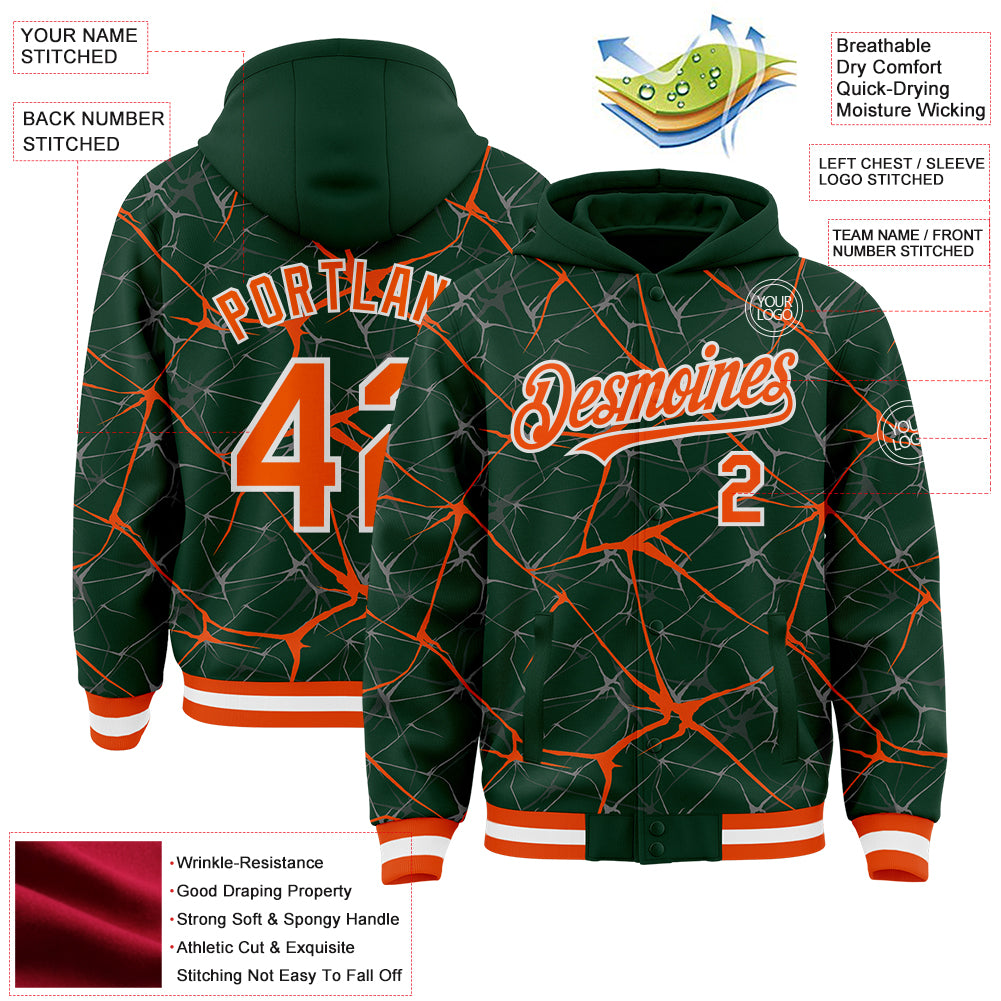 Custom Green Orange-White Abstract Network 3D Pattern Design Bomber Full-Snap Varsity Letterman Hoodie Jacket