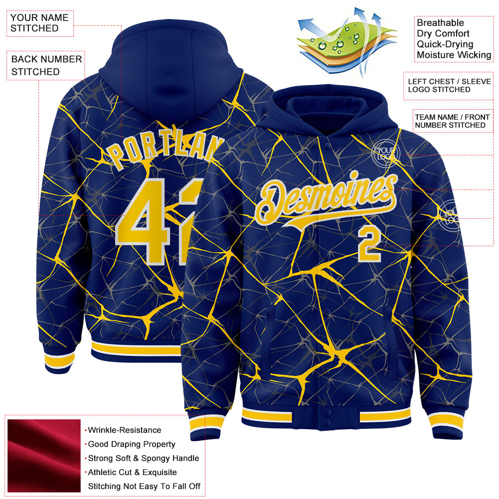 Custom Royal Yellow-White Abstract Network 3D Pattern Design Bomber Full-Snap Varsity Letterman Hoodie Jacket