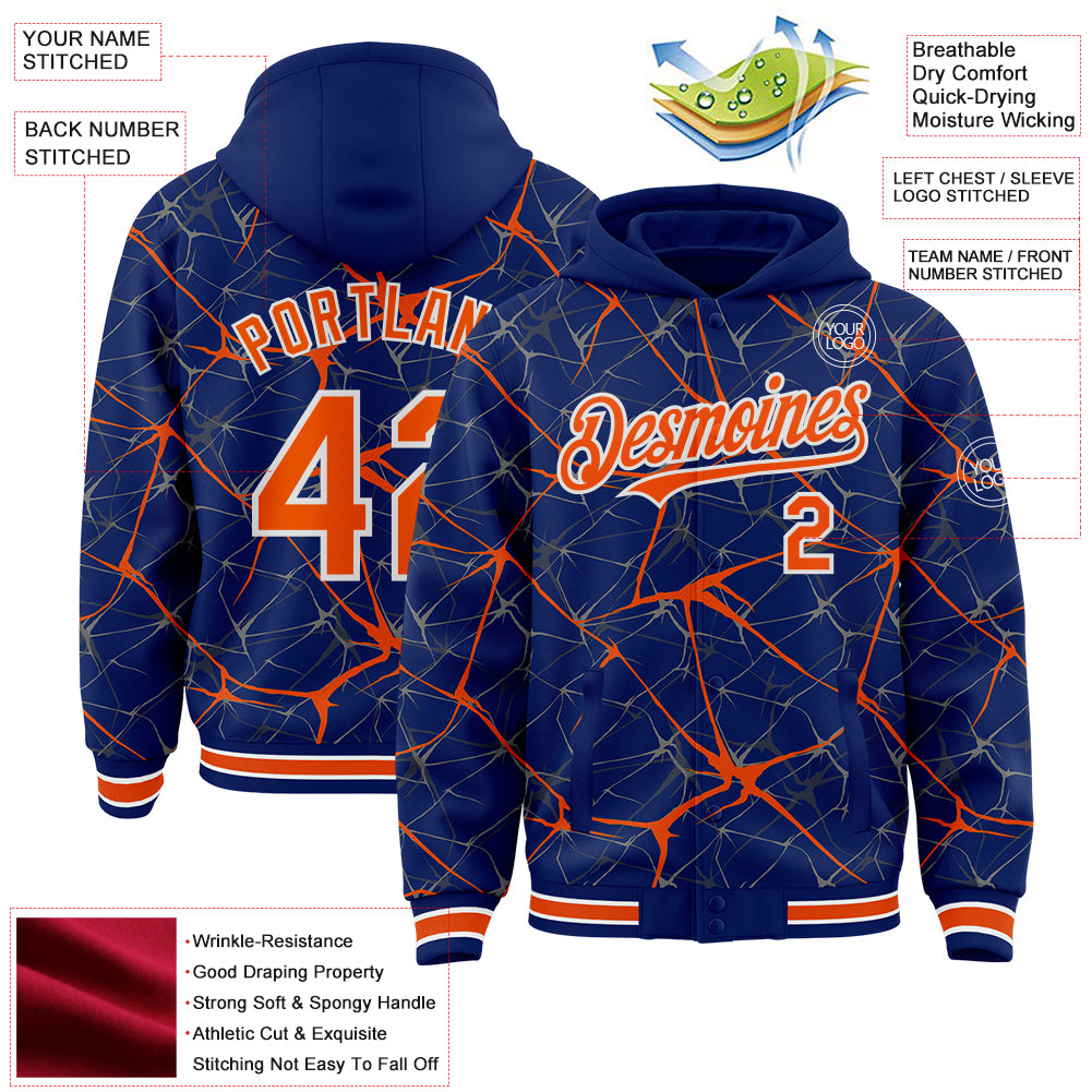 Custom Royal Orange-White Abstract Network 3D Pattern Design Bomber Full-Snap Varsity Letterman Hoodie Jacket