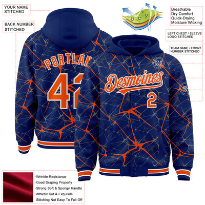 Custom Royal Orange-White Abstract Network 3D Pattern Design Bomber Full-Snap Varsity Letterman Hoodie Jacket