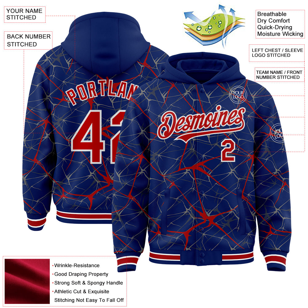 Custom Royal Red-White Abstract Network 3D Pattern Design Bomber Full-Snap Varsity Letterman Hoodie Jacket