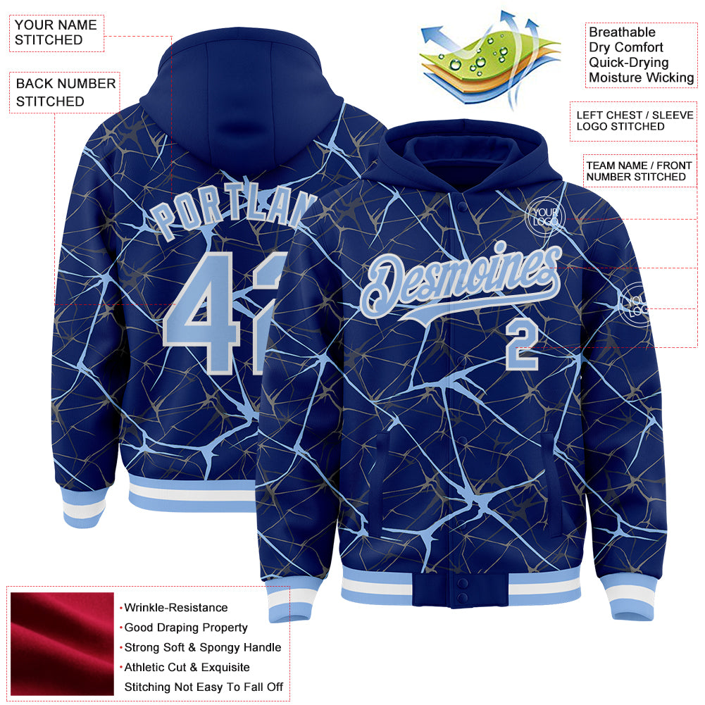 Custom Royal Light Blue-White Abstract Network 3D Pattern Design Bomber Full-Snap Varsity Letterman Hoodie Jacket