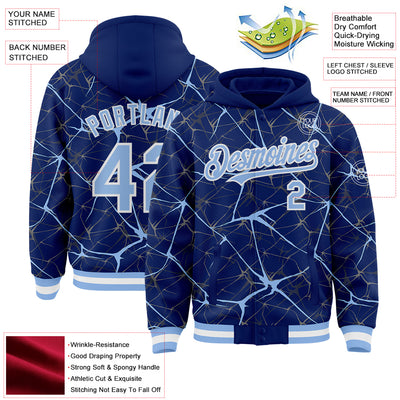 Custom Royal Light Blue-White Abstract Network 3D Pattern Design Bomber Full-Snap Varsity Letterman Hoodie Jacket
