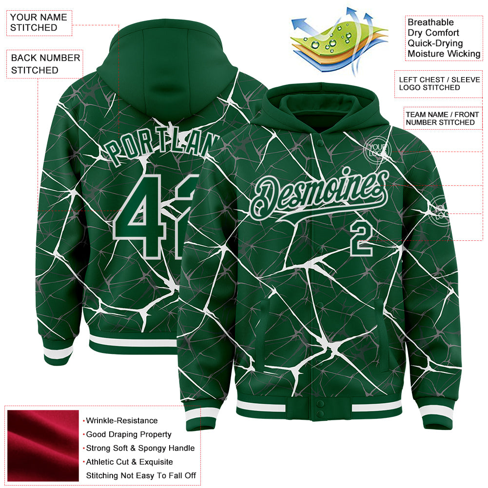 Custom Kelly Green White Abstract Network 3D Pattern Design Bomber Full-Snap Varsity Letterman Hoodie Jacket