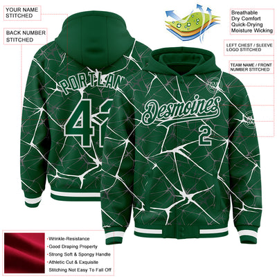 Custom Kelly Green White Abstract Network 3D Pattern Design Bomber Full-Snap Varsity Letterman Hoodie Jacket
