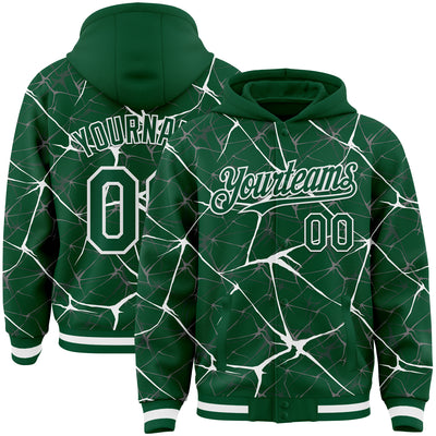 Custom Kelly Green White Abstract Network 3D Pattern Design Bomber Full-Snap Varsity Letterman Hoodie Jacket