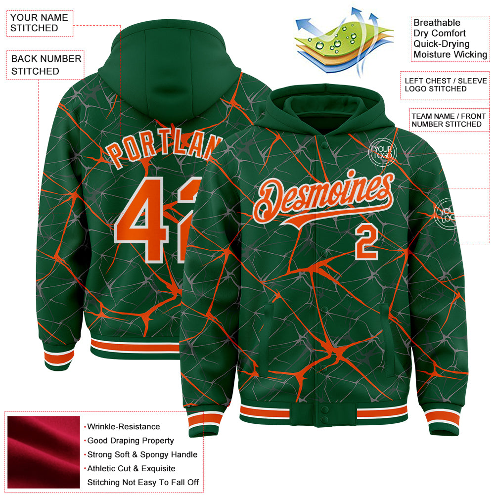 Custom Kelly Green Orange-White Abstract Network 3D Pattern Design Bomber Full-Snap Varsity Letterman Hoodie Jacket