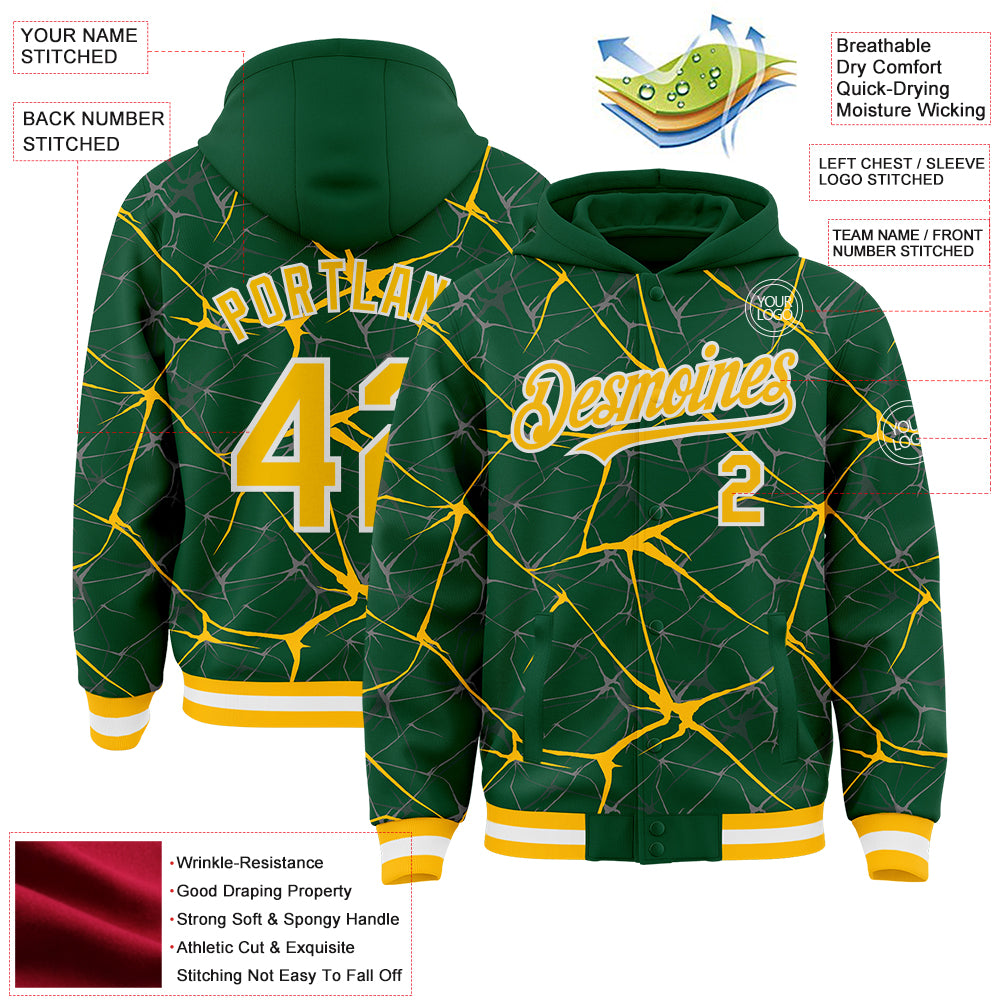 Custom Kelly Green Gold-White Abstract Network 3D Pattern Design Bomber Full-Snap Varsity Letterman Hoodie Jacket