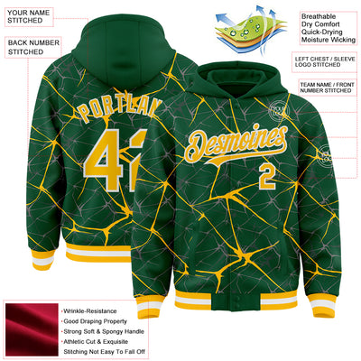 Custom Kelly Green Gold-White Abstract Network 3D Pattern Design Bomber Full-Snap Varsity Letterman Hoodie Jacket