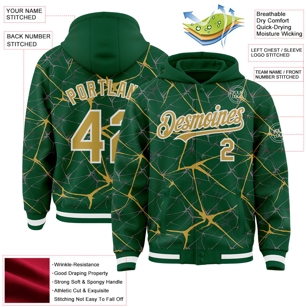 Custom Kelly Green Old Gold-White Abstract Network 3D Pattern Design Bomber Full-Snap Varsity Letterman Hoodie Jacket