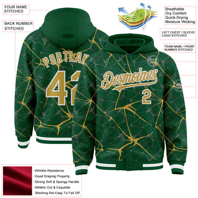 Custom Kelly Green Old Gold-White Abstract Network 3D Pattern Design Bomber Full-Snap Varsity Letterman Hoodie Jacket