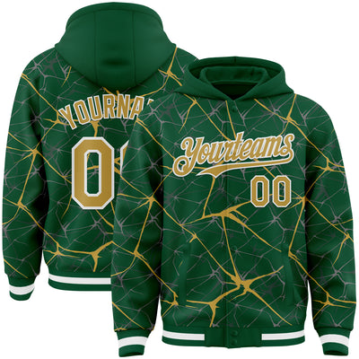 Custom Kelly Green Old Gold-White Abstract Network 3D Pattern Design Bomber Full-Snap Varsity Letterman Hoodie Jacket