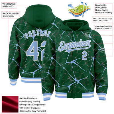Custom Kelly Green Light Blue-White Abstract Network 3D Pattern Design Bomber Full-Snap Varsity Letterman Hoodie Jacket