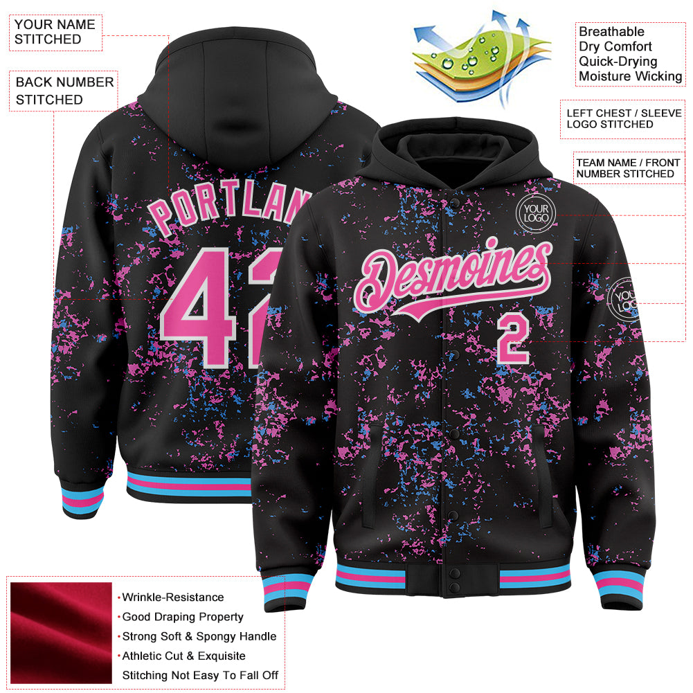 Custom Black Pink Sky Blue-White Fragment Pattern Bomber Full-Snap Varsity Letterman Hoodie Jacket