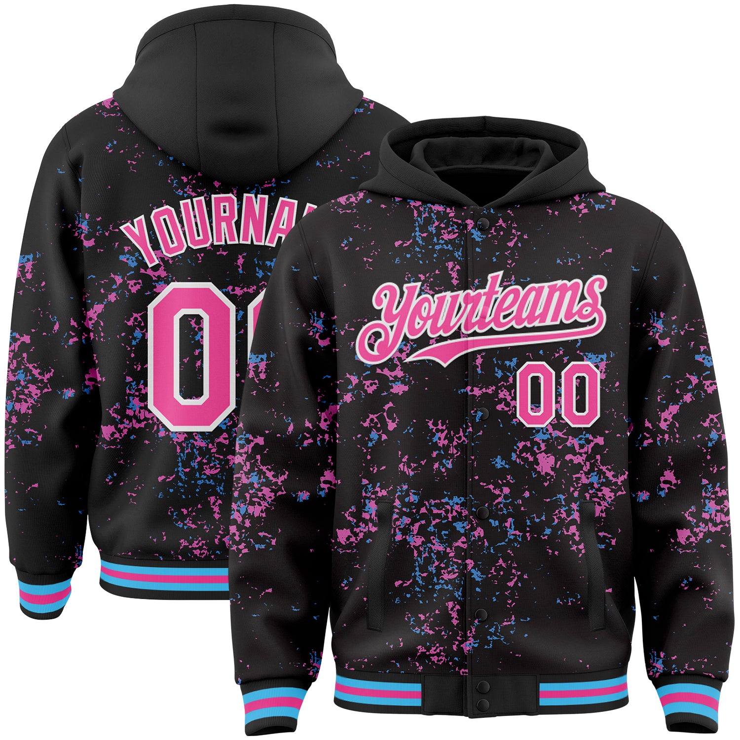 Custom Black Pink Sky Blue-White Fragment Pattern Bomber Full-Snap Varsity Letterman Hoodie Jacket