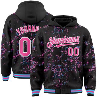 Custom Black Pink Sky Blue-White Fragment Pattern Bomber Full-Snap Varsity Letterman Hoodie Jacket