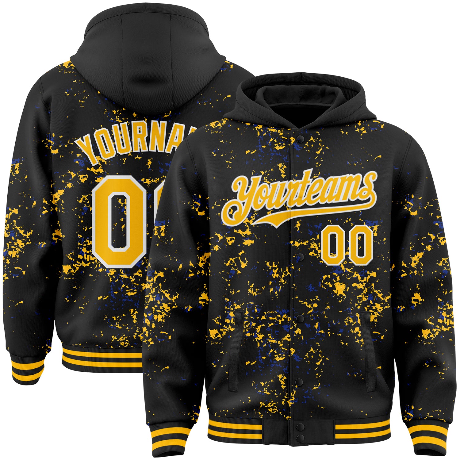 Custom Black Gold Royal-White Fragment Pattern Bomber Full-Snap Varsity Letterman Hoodie Jacket