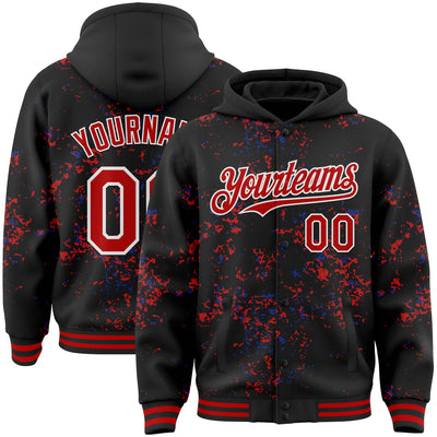 Custom Black Red Royal-White Fragment Pattern Bomber Full-Snap Varsity Letterman Hoodie Jacket