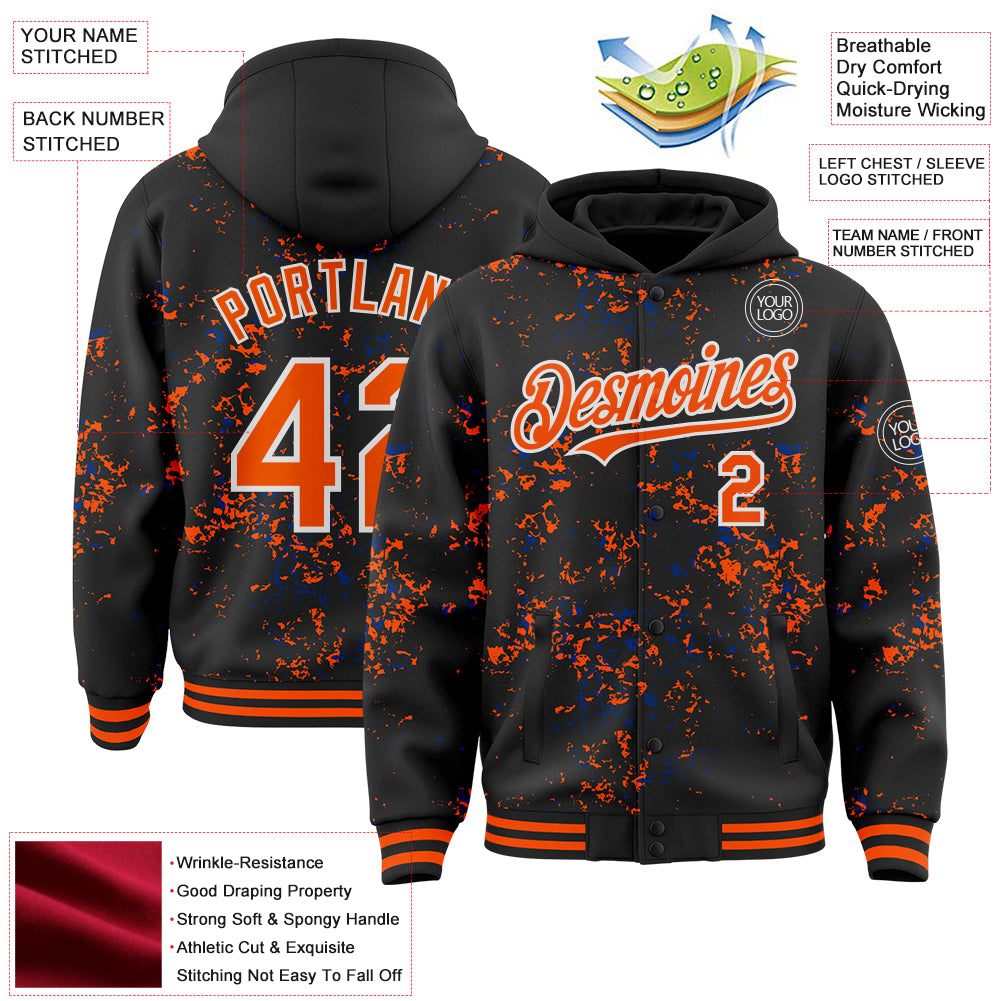 Custom Black Orange Royal-White Fragment Pattern Bomber Full-Snap Varsity Letterman Hoodie Jacket