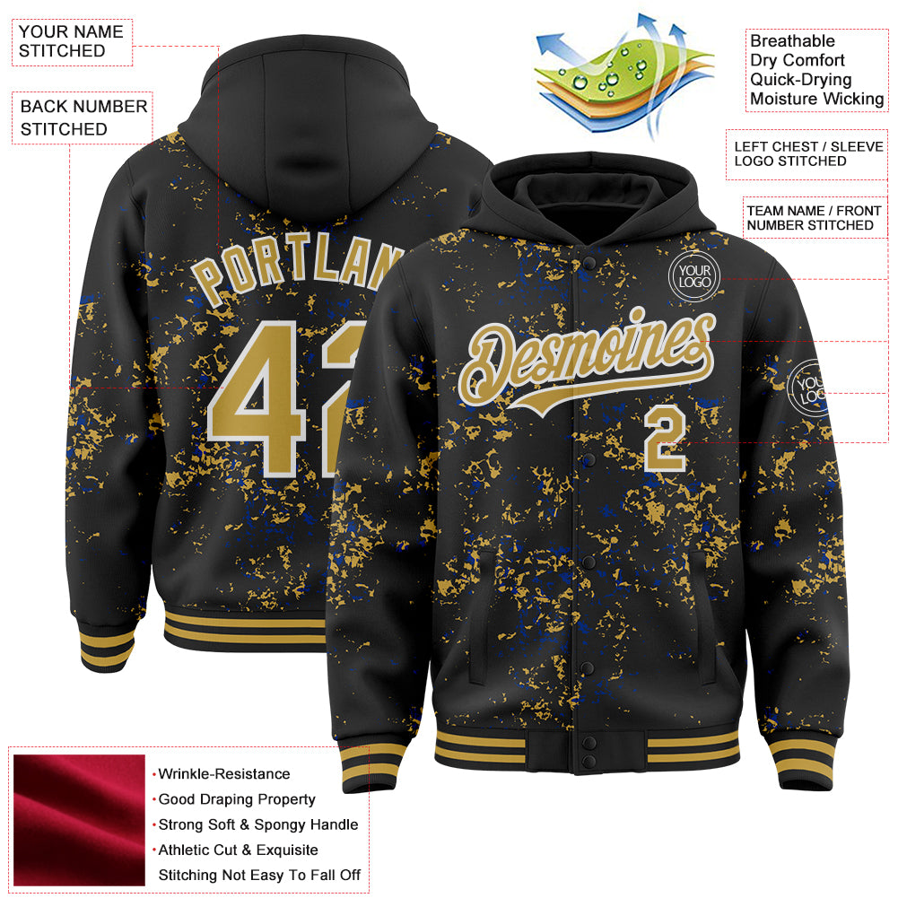 Custom Black Old Gold Royal-White Fragment Pattern Bomber Full-Snap Varsity Letterman Hoodie Jacket