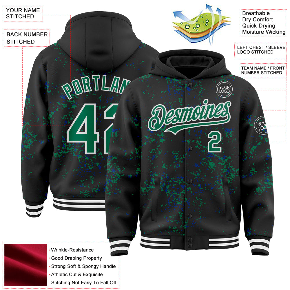 Custom Black Kelly Green Royal-White Fragment Pattern Bomber Full-Snap Varsity Letterman Hoodie Jacket
