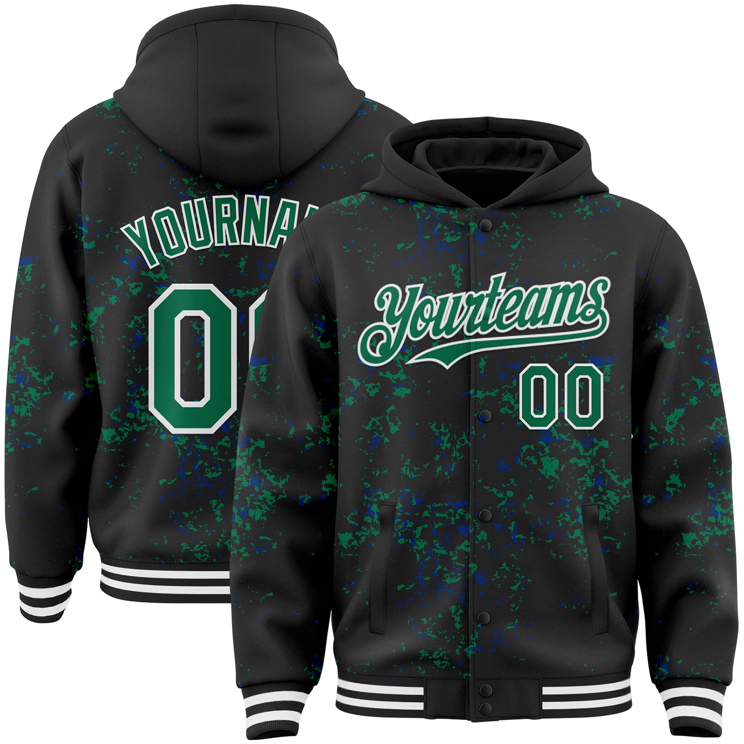 Custom Black Kelly Green Royal-White Fragment Pattern Bomber Full-Snap Varsity Letterman Hoodie Jacket