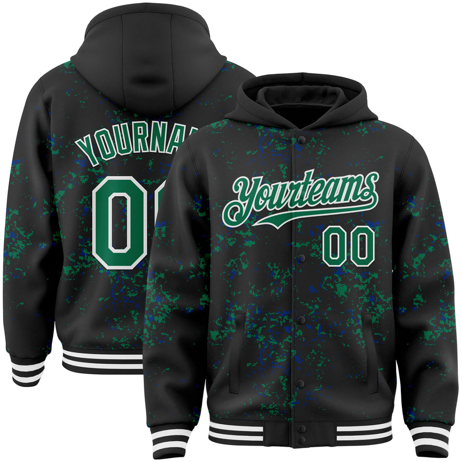 Custom Black Kelly Green Royal-White Fragment Pattern Bomber Full-Snap Varsity Letterman Hoodie Jacket