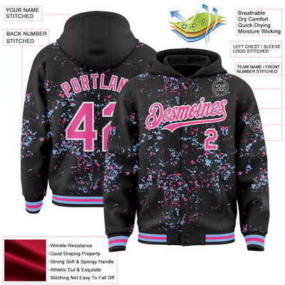 Custom Black Pink Light Blue-White Fragment Pattern Bomber Full-Snap Varsity Letterman Hoodie Jacket