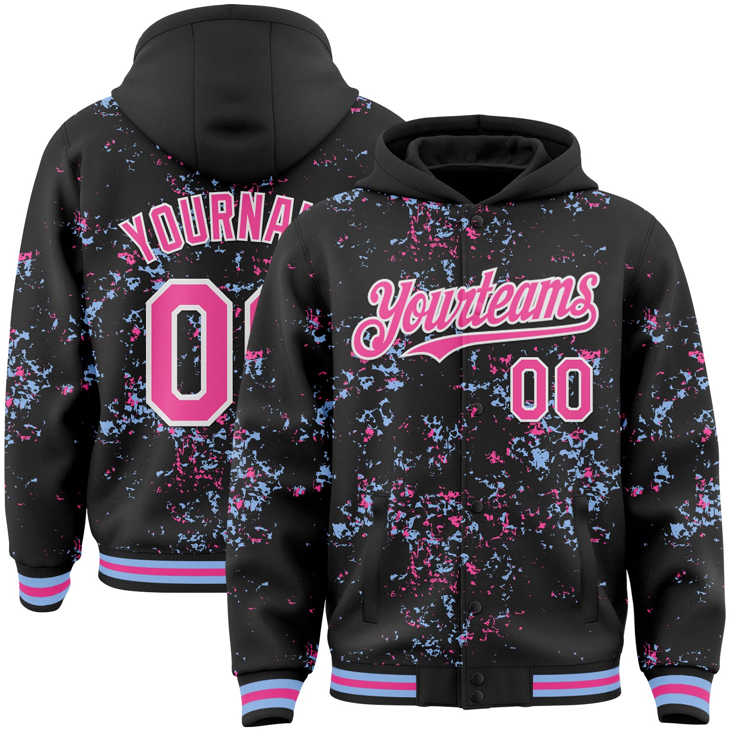 Custom Black Pink Light Blue-White Fragment Pattern Bomber Full-Snap Varsity Letterman Hoodie Jacket