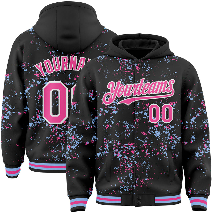 Custom Black Pink Light Blue-White Fragment Pattern Bomber Full-Snap Varsity Letterman Hoodie Jacket