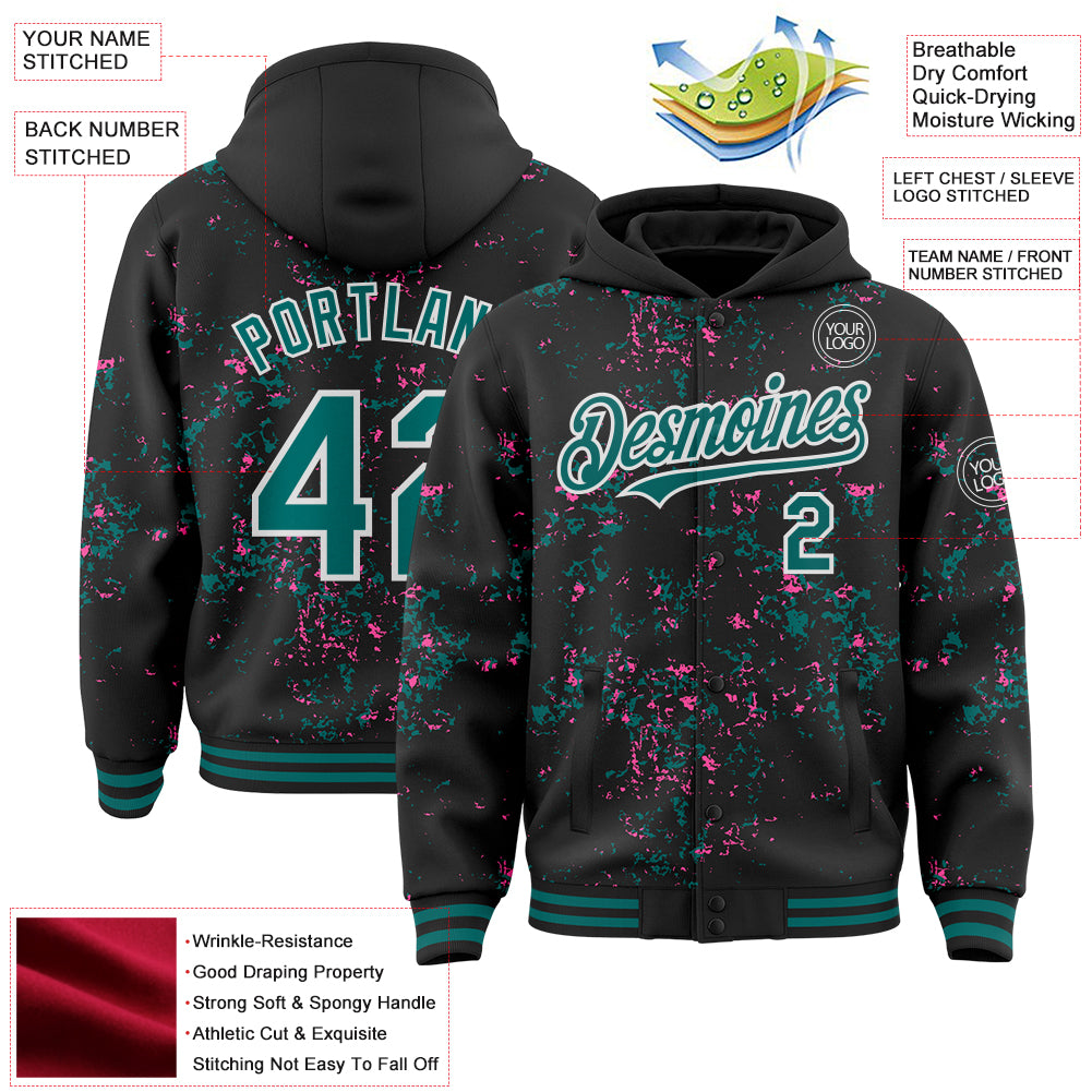 Custom Black Teal Pink-White Fragment Pattern Bomber Full-Snap Varsity Letterman Hoodie Jacket