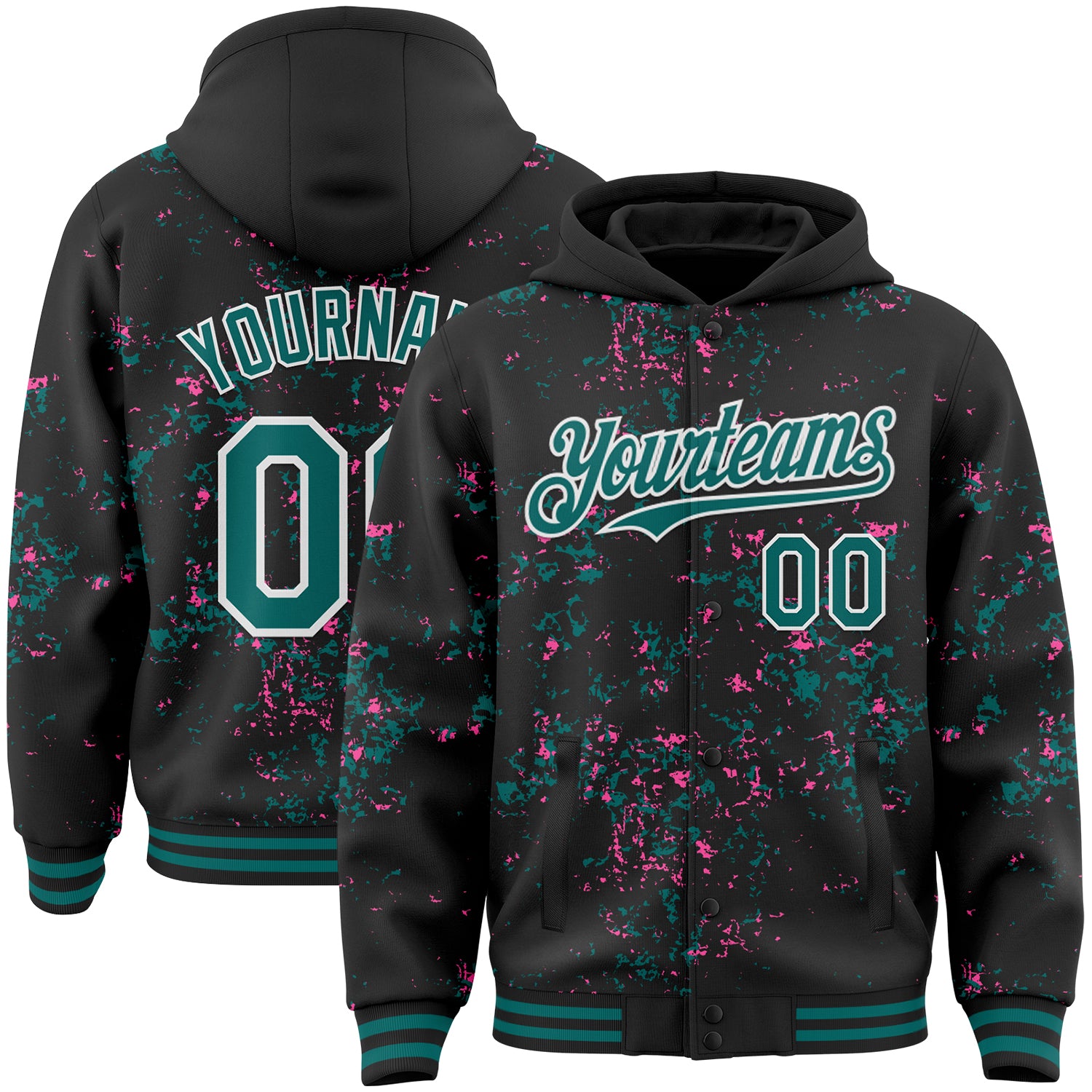 Custom Black Teal Pink-White Fragment Pattern Bomber Full-Snap Varsity Letterman Hoodie Jacket