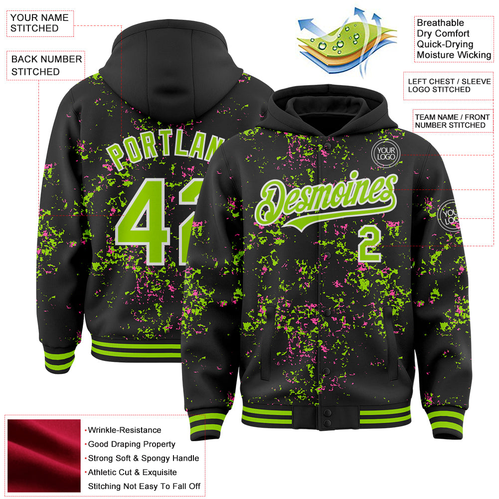 Custom Black Neon Green Pink-White Fragment Pattern Bomber Full-Snap Varsity Letterman Hoodie Jacket