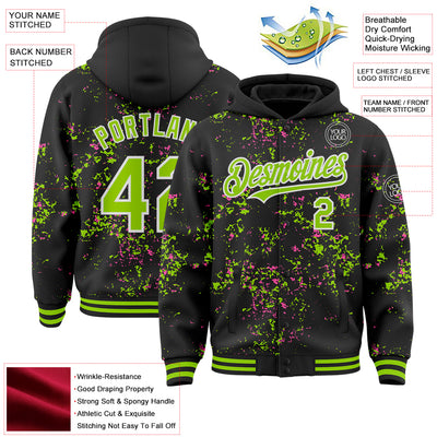 Custom Black Neon Green Pink-White Fragment Pattern Bomber Full-Snap Varsity Letterman Hoodie Jacket
