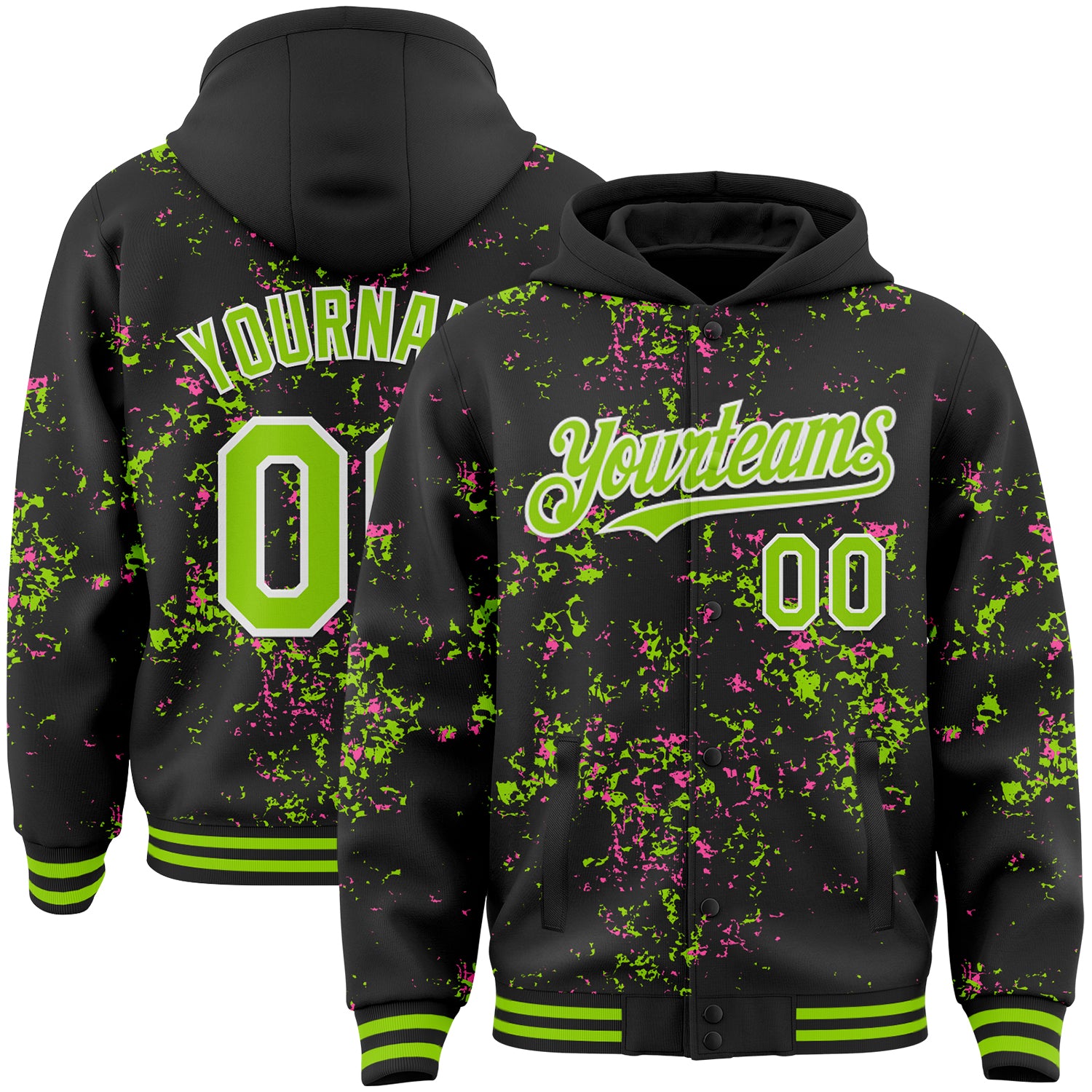 Custom Black Neon Green Pink-White Fragment Pattern Bomber Full-Snap Varsity Letterman Hoodie Jacket