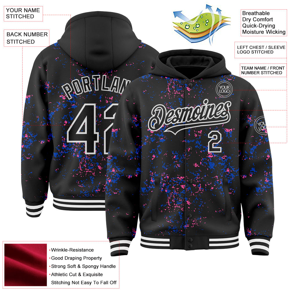 Custom Black Thunder Blue Pink-White Fragment Pattern Bomber Full-Snap Varsity Letterman Hoodie Jacket