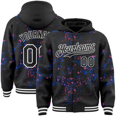 Custom Black Thunder Blue Pink-White Fragment Pattern Bomber Full-Snap Varsity Letterman Hoodie Jacket