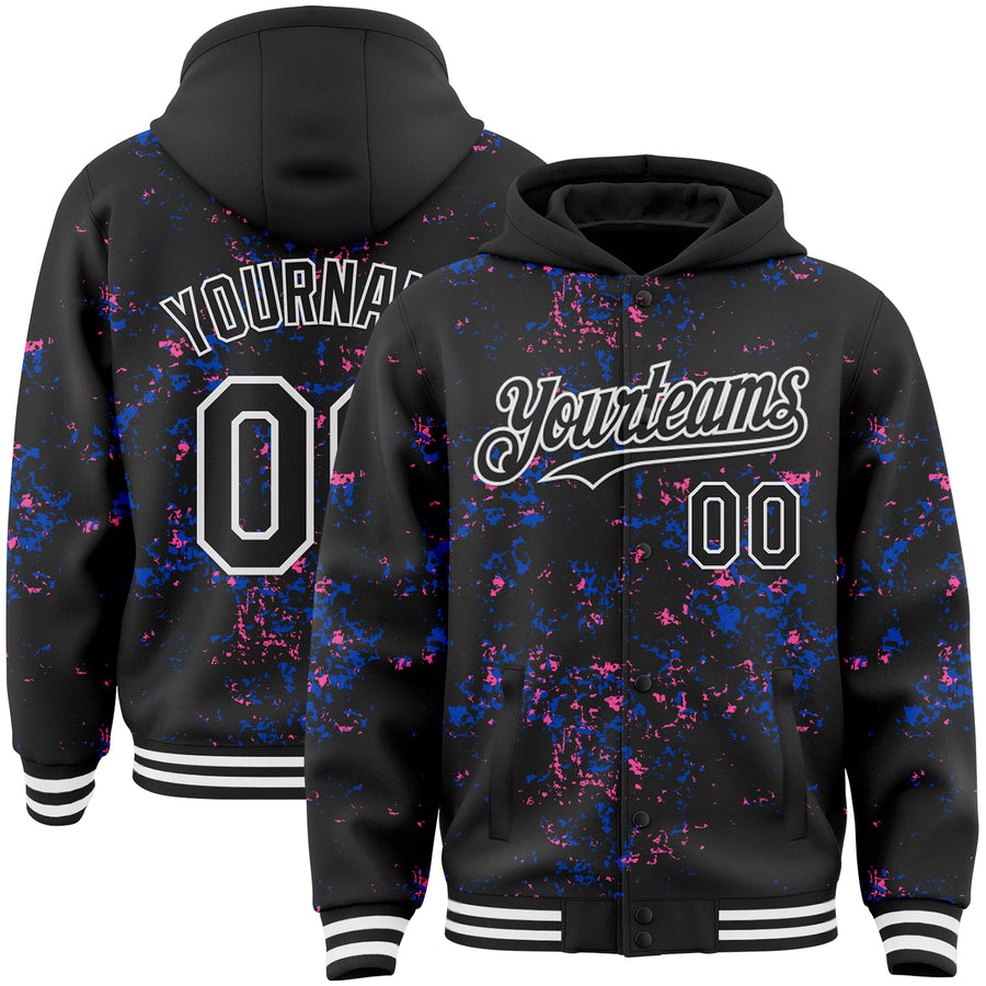 Custom Black Thunder Blue Pink-White Fragment Pattern Bomber Full-Snap Varsity Letterman Hoodie Jacket