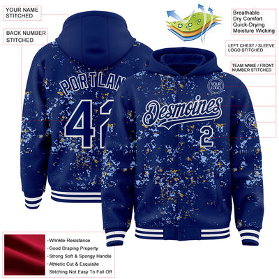 Custom Royal Light Blue Old Gold-White Fragment Pattern Bomber Full-Snap Varsity Letterman Hoodie Jacket