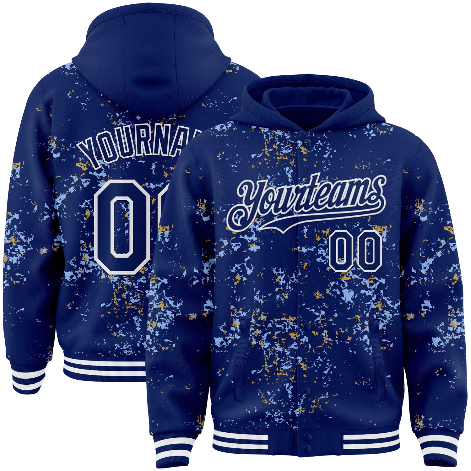 Custom Royal Light Blue Old Gold-White Fragment Pattern Bomber Full-Snap Varsity Letterman Hoodie Jacket
